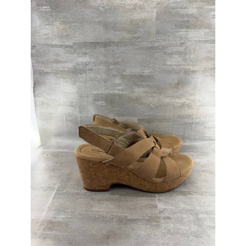 Clarks Collection Tan Nubuck Cork Wedge Platform Sandals Women Sz 7M